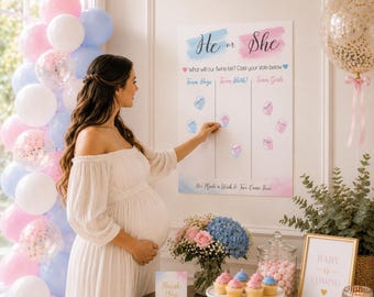 TWINS He or She? Gender Reveal Voting Sign Guessing Game with Stickers - Large A2 Size, Up to 42 Guests