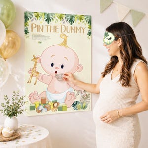 Pin The Dummy On The Baby in Safari Theme, Unisex Baby Shower Game, Caucasian, Green leaves and Jungle Animals