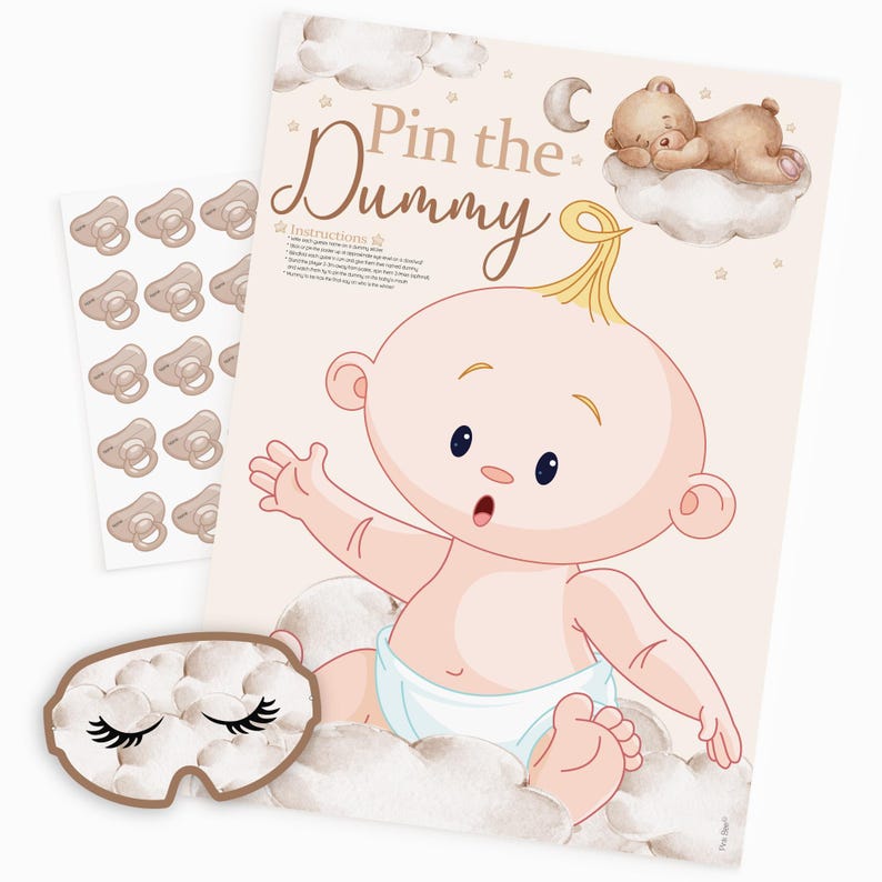 Baby Shower Game Pin The Dummy On The Baby in Teddy Bear Theme. Unisex/Neutral Colours with Bears and Clouds image 13