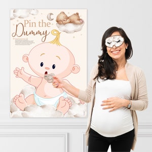 Baby Shower Game Pin The Dummy On The Baby in Teddy Bear Theme. Unisex/Neutral Colours with Bears and Clouds