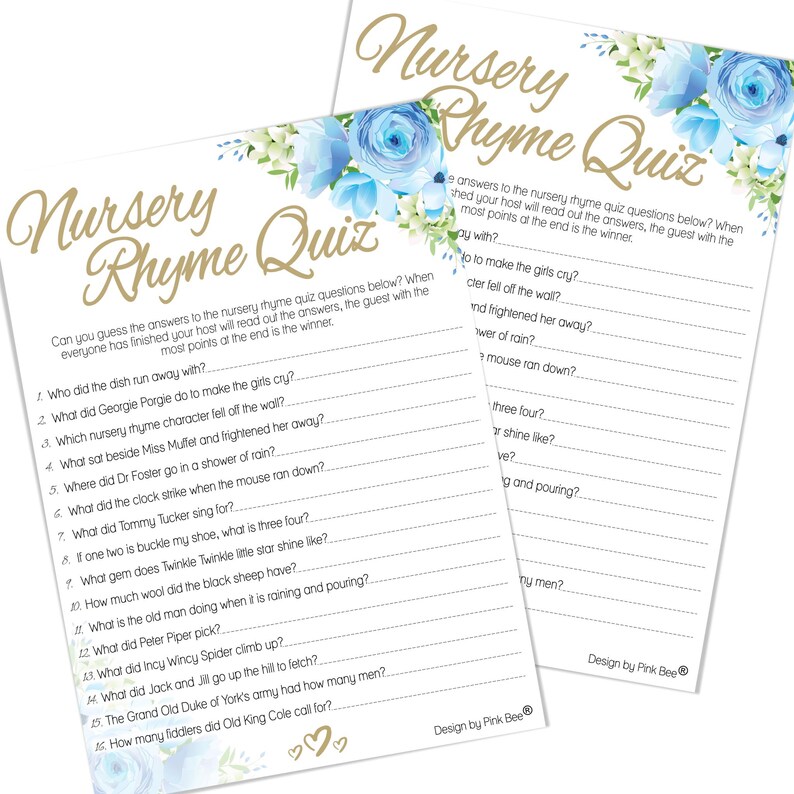 Op de afbeelding: Een afdrukbaar kinderrijmpjesquizspel met blauwe en witte bloemenontwerpen. De quizvragen zijn in gouden tekst op een witte achtergrond geschreven. De tekst "Nursery Rhyme Quiz" is in gouden tekst op een blauwe achtergrond geschreven.