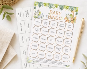 Baby Shower Bingo Game, Animal Safari Theme 10 -20 Players for Boys or Girls