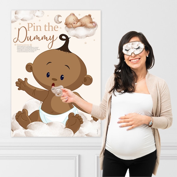 Baby Shower Game - Pin The Dummy On The Baby, Ethnic Edition in Teddy Bear Theme, Unisex suitable for Boy or Girl