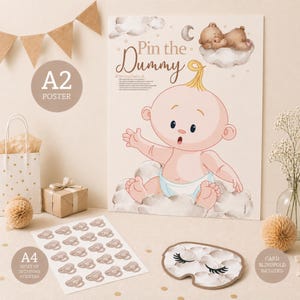 Baby Shower Game Pin The Dummy On The Baby in Teddy Bear Theme. Unisex/Neutral Colours with Bears and Clouds image 4