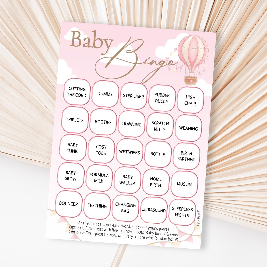 Baby Shower Bingo Game in Hot Air Balloon Theme Up, up and Away, Pink ...