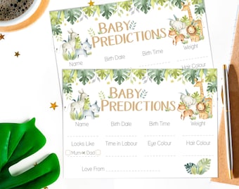 May include: Two printable baby shower game cards with a jungle theme. The cards have a green and gold color scheme with a jungle animal border. The cards have spaces to write in predictions for the baby's name, birth date, birth time, weight, hair color, eye color, and time in labor. One card has a checkbox for "Mum or Dad" for who the baby looks like.
