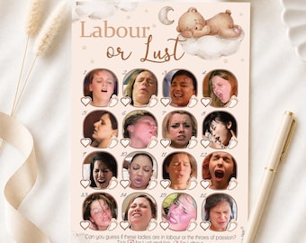May include: A rectangular game card titled Labour or Lust featuring a brown teddy bear illustration and sixteen numbered circular photographs of faces with various expressions. Below each photo is a heart and a footprint icon for marking.