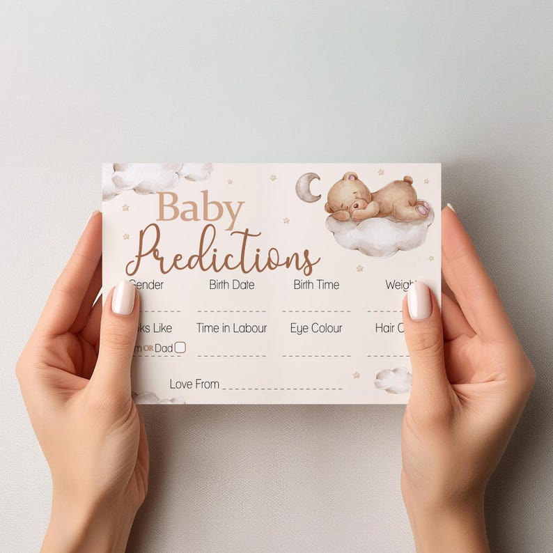 Teddy Bear Baby Shower Prediction Cards Keepsake Game Baby Predictions Cards Neutral Baby Shower image 3