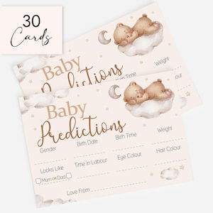 Teddy Bear Baby Shower Prediction Cards Keepsake Game Baby Predictions Cards Neutral Baby Shower 30 Guest