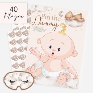 May include: A baby shower game set with a "Pin the Dummy" poster featuring a cartoon baby on a cloud, a sheet of pacifier stickers, and a sleep mask. The text "40 Player" is also visible.