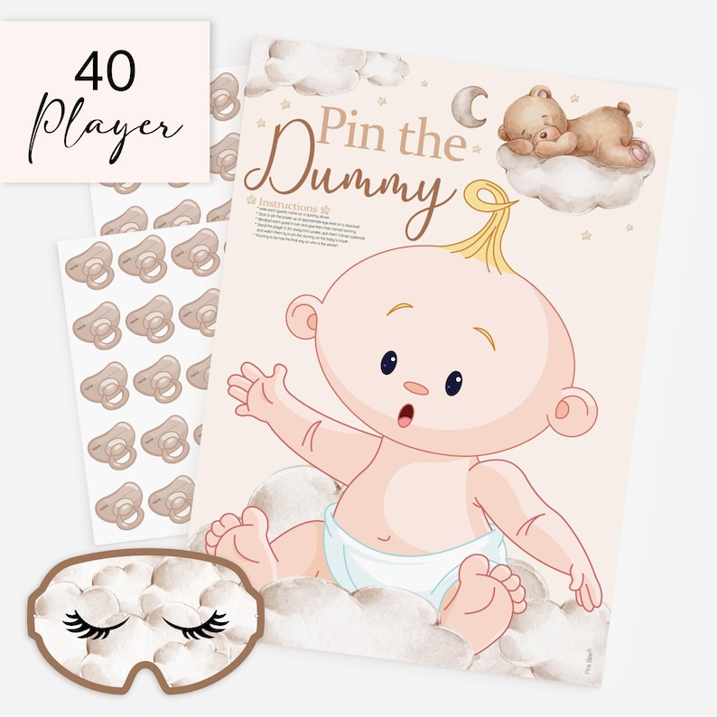 May include: A baby shower game set with a "Pin the Dummy" poster featuring a cartoon baby on a cloud, a sheet of pacifier stickers, and a sleep mask. The text "40 Player" is also visible.