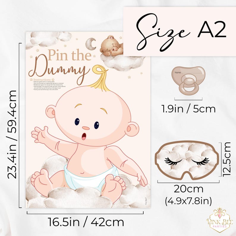 Baby Shower Game Pin The Dummy On The Baby in Teddy Bear Theme. Unisex/Neutral Colours with Bears and Clouds image 6