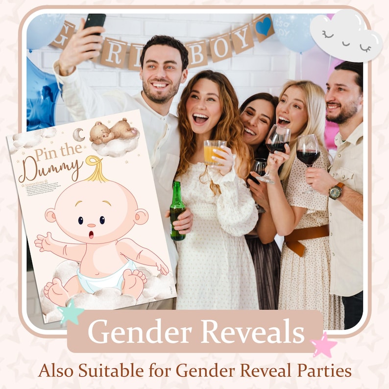 May include: A group of people celebrating a gender reveal party. A game board with a baby cartoon is in the foreground. The words "Pin the Dummy" are on the game board. The words "Gender Reveals" and "Also Suitable for Gender Reveal Parties" are at the bottom.