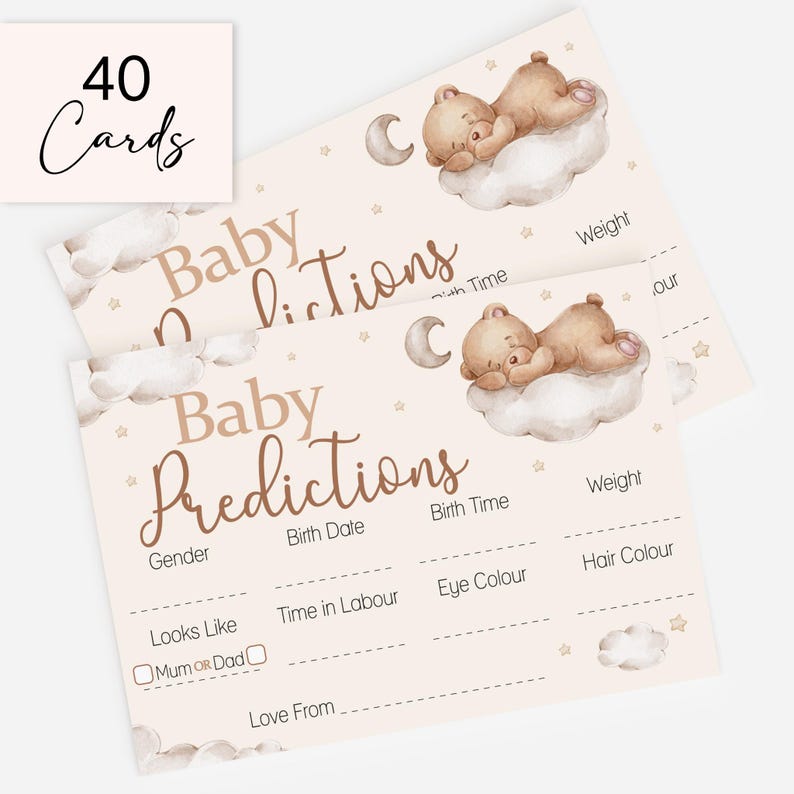 Teddy Bear Baby Shower Prediction Cards Keepsake Game Baby Predictions Cards Neutral Baby Shower 40 Guest