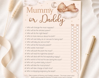May include: A Mummy or Daddy baby shower game card featuring a brown teddy bear sleeping on a cloud with a moon and stars. The card lists sixteen questions with checkboxes for Mum or Dad, printed in brown text on a light beige background.