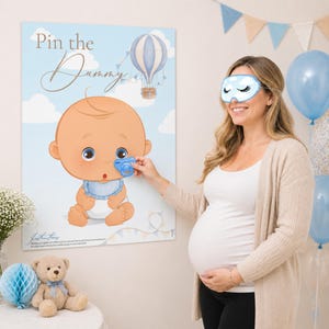 Baby Shower Game Pin The Dummy in Blue Hot Air Balloon Theme Up, Up and Away for Baby Boys. 20 or 40 Players inc Dummy Stickers & Blindfold