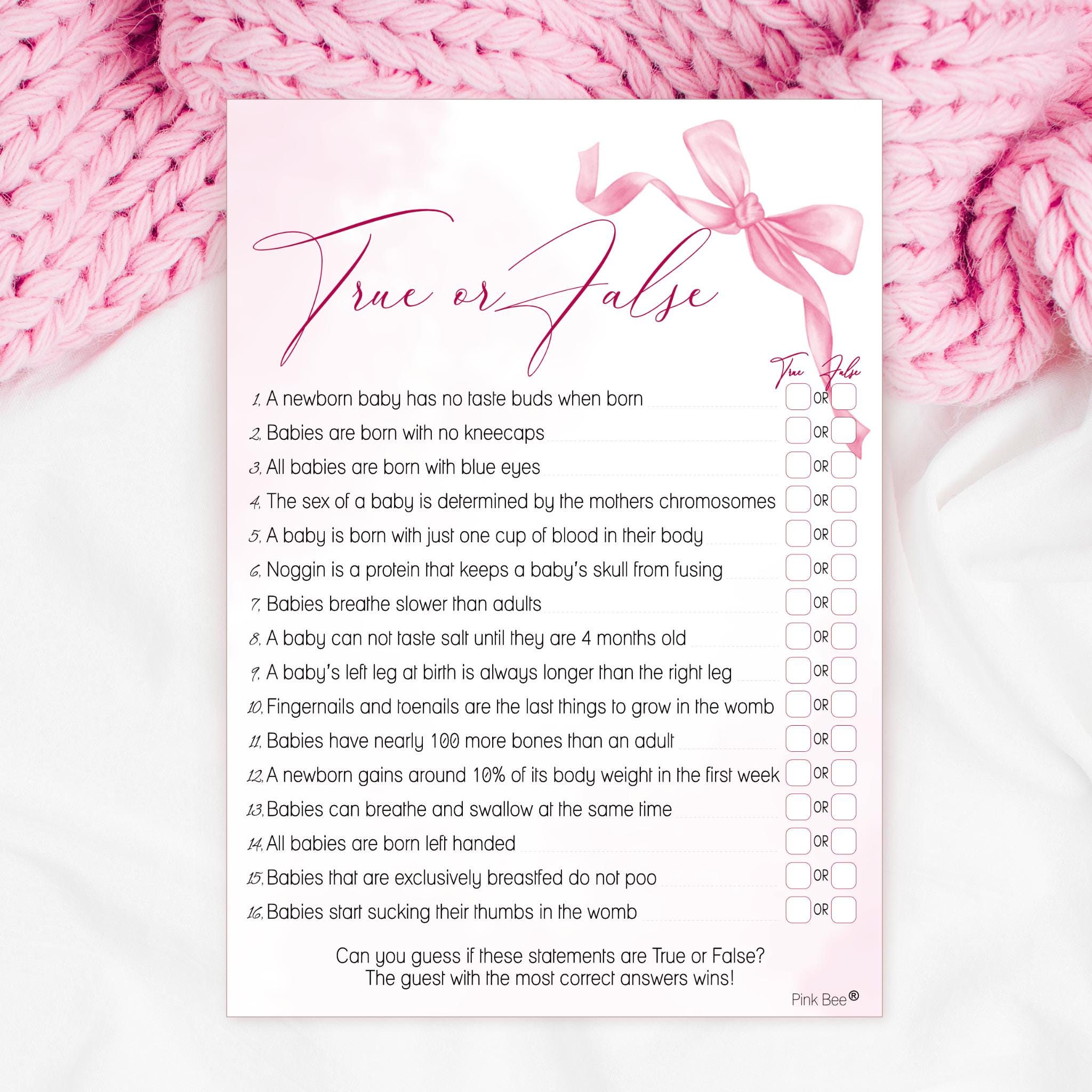 Baby Shower Game True or False in Pink Bow Theme 10 - 40 Players - Etsy, image size:2048x2048