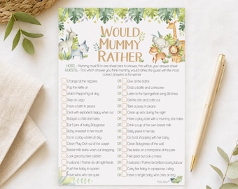 Baby Shower Game Would Mummy Rather in Baby Safari Theme 10 - 40 Players