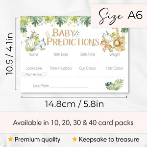 May include: A white A6 baby predictions card featuring watercolor jungle animals, including a zebra, rhino, elephant, tiger, lion, and giraffe. The card includes fields for name, birth date, time, weight, looks like, labor time, eye and hair color, and love from.