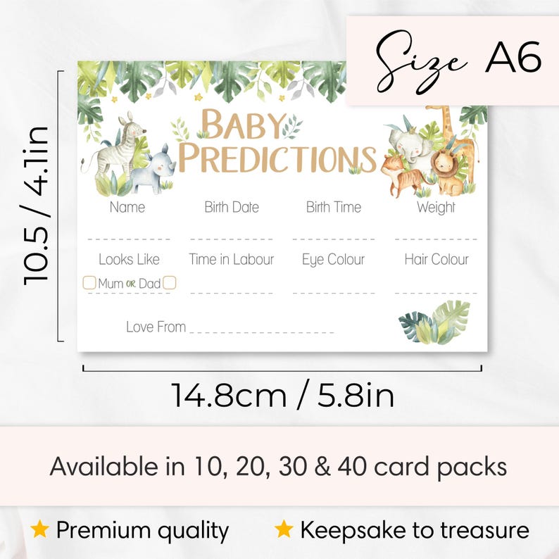 May include: A white A6 baby predictions card featuring watercolor jungle animals, including a zebra, rhino, elephant, tiger, lion, and giraffe. The card includes fields for name, birth date, time, weight, looks like, labor time, eye and hair color, and love from.