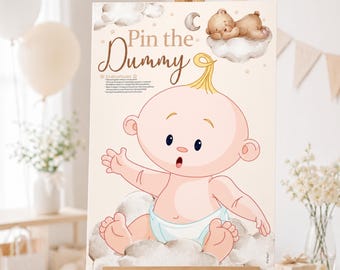 Baby Shower Game Pin The Dummy On The Baby in Teddy Bear Theme. Unisex/Neutral Colours with Bears and Clouds