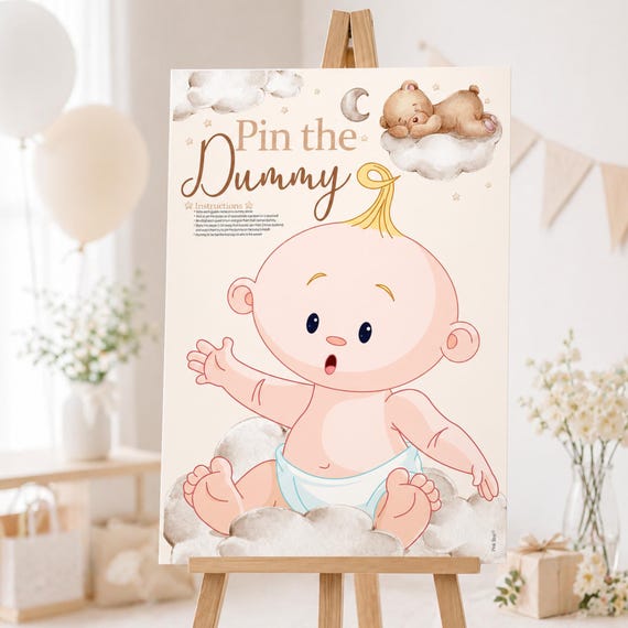 Baby Shower Game Pin The Dummy On The Baby in Teddy Bear Theme. Unisex/Neutral Colours with Bears and Clouds