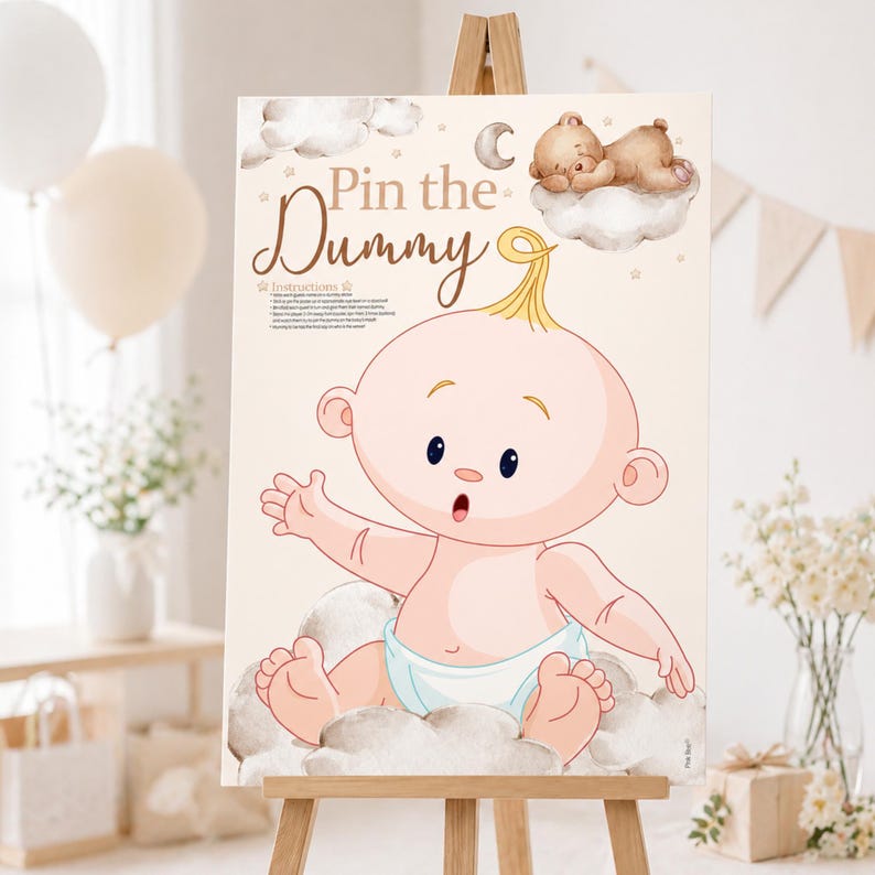 Baby Shower Game Pin The Dummy On The Baby in Teddy Bear Theme. Unisex/Neutral Colours with Bears and Clouds image 1