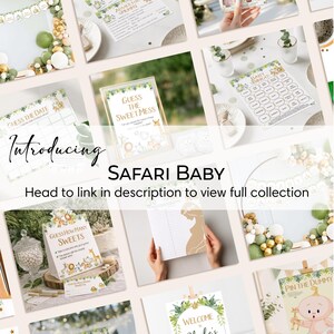 May include: A collection of safari-themed baby shower game cards and signs featuring illustrations of jungle animals, greenery, and gold accents. The set includes Guess the Sweet Mess, Baby Bingo, Guess How Many Sweets, and Pin the Dummy game sheets.