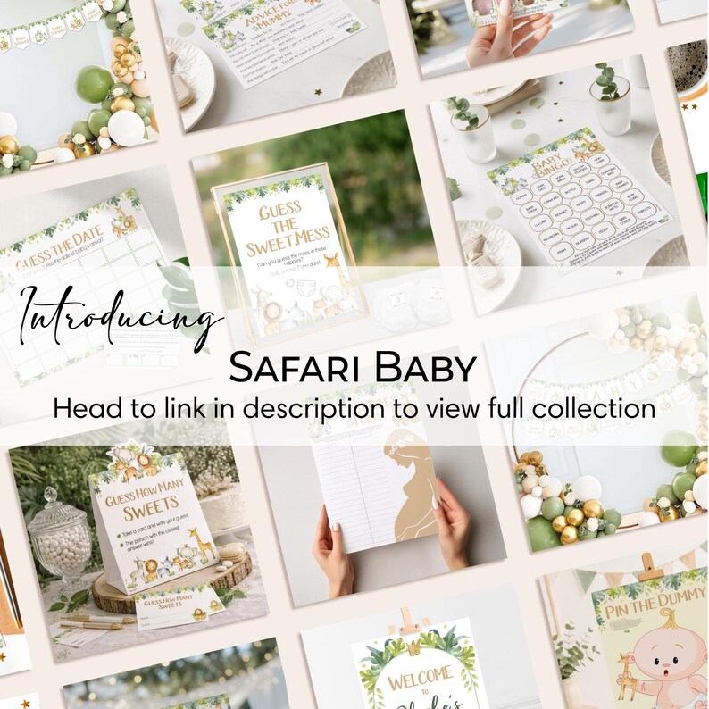 May include: A collection of safari-themed baby shower game cards and signs featuring illustrations of jungle animals, greenery, and gold accents. The set includes Guess the Sweet Mess, Baby Bingo, Guess How Many Sweets, and Pin the Dummy game sheets.