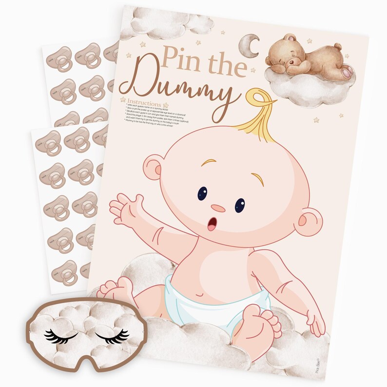 Baby Shower Game Pin The Dummy On The Baby in Teddy Bear Theme. Unisex/Neutral Colours with Bears and Clouds image 14
