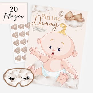 May include: A baby shower game set with a "Pin the Dummy" poster featuring a cartoon baby, a sheet of pacifier stickers, and a sleep mask. The game is designed for 20 players. The poster has a beige background with a teddy bear on a cloud.