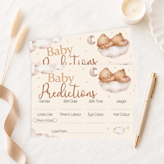 Teddy Bear Baby Shower Prediction Cards Keepsake Game Baby Predictions Cards Neutral Baby Shower