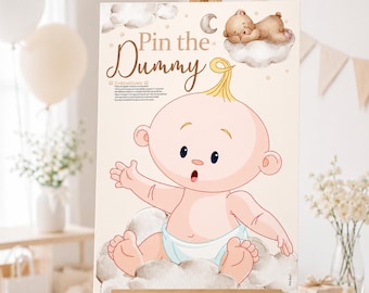 Baby Shower Game Pin The Dummy On The Baby in Teddy Bear Theme. Unisex/Neutral Colours with Bears and Clouds