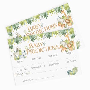 May include: Two rectangular baby prediction cards featuring watercolor jungle animals including a giraffe, elephant, lion, and zebra. The text reads BABY PREDICTIONS with fields for name, birth date, time, weight, looks like mum or dad, and love from.