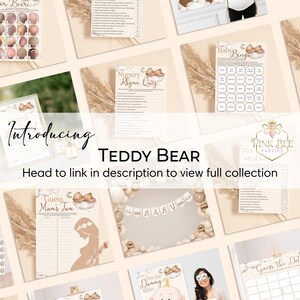 May include: A collection of baby shower games and decorations with a teddy bear theme. The image includes various game cards, a banner that says "BABY", and the text "TEDDY BEAR". The overall color scheme is soft beige and cream.