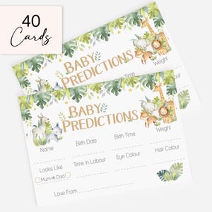 May include: A set of 40 baby prediction cards featuring watercolor jungle animals including a giraffe, elephant, lion, and zebra. The cards have green tropical leaves at the top and text fields for name, birth date, time, weight, eye and hair color.