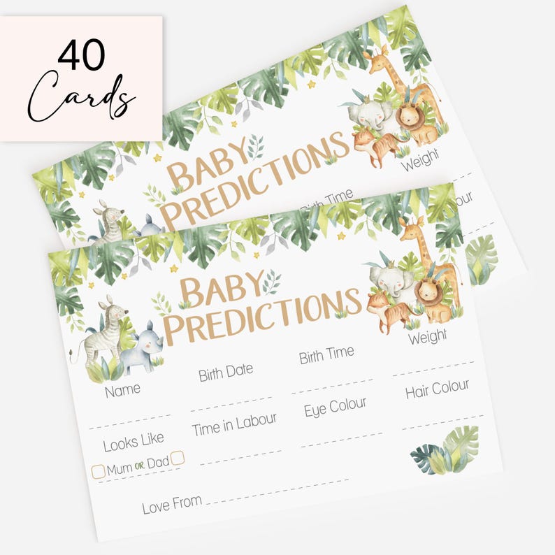 May include: A set of 40 baby prediction cards featuring watercolor jungle animals including a giraffe, elephant, lion, and zebra. The cards have green tropical leaves at the top and text fields for name, birth date, time, weight, eye and hair color.