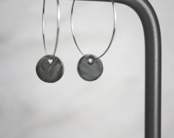 Sterling silver hoop earrings with black circle pendant | sterling silver, black slip on white porcelain pendant earrings