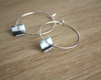 Petite square/rectangle earrings with black and white stripes | sterling silver hoop earrings