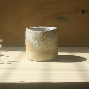 May include: A handcrafted ceramic cup with a textured, speckled finish. The cup is cylindrical with a slightly flared rim and a light beige colour with a hint of orange near the base. Dried flowers are arranged nearby.