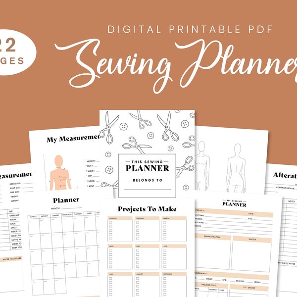 Sewing Planner Printable Organiser Tracker | A4 & US Letter | 22 Pages Easy Digital PDF Journal Diary Sewing Business Gift