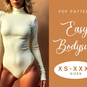 Könnte beinhalten: PDF-Schnittmuster für einen einfachen Body, erhältlich in den Größen XS-XXXXL. Das Schnittmuster wird mit einer Frau in einem hellgelben Body illustriert.