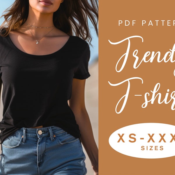 Trendy T-Shirt Damen Schnittmuster | XS-XXXL | Sofortdownload | Einfach Digitales PDF | U-Ausschnitt Kurzarm Manschette