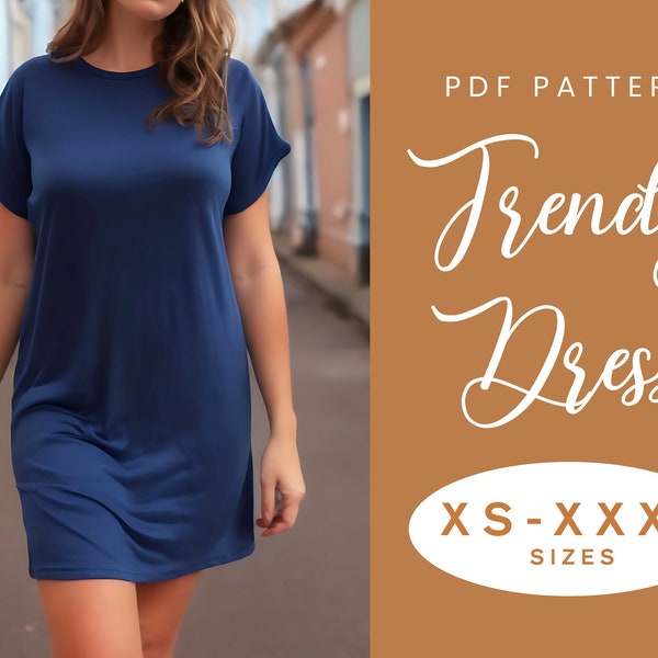 Patron de couture femme robe t-shirt | TP-XXXL | Téléchargement instantané | PDF numérique facile | Robe t-shirt manches courtes chauve-souris Vêtements de détente confortables