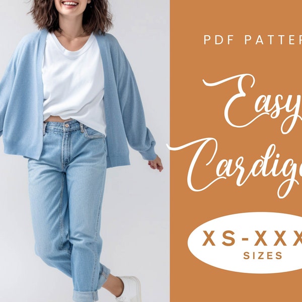 Easy Cardigan Sewing Pattern | XS-XXXL | PDF Instant Download | Women's Drop Shoulder Jumper Sweater Knit Cropped