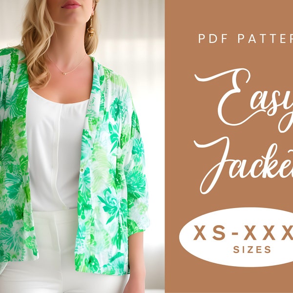 Patron de couture pour veste d'été | TP-XXXL | Téléchargement instantané | PDF numérique facile | Veste ouverte, non doublée, couvrez-vous sur la plage, motif kimono