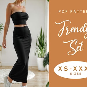 Crop Top and Skirt Set Sewing Pattern | XS-XXXL | Instant Download | Easy Digital PDF | Tube Top Bandeau | Maxi Fitted Skirt