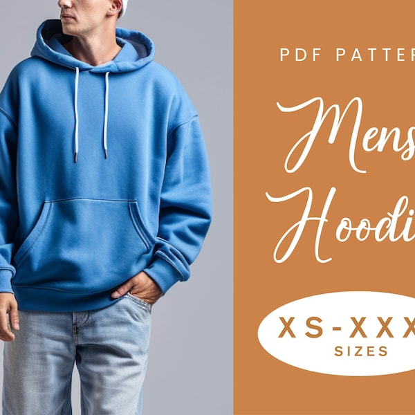 Patrón de costura de sudadera con capucha para hombre / XS-XXXL / Descarga instantánea / PDF digital fácil / Suéter con capucha de sudadera para hombre de gran tamaño