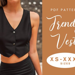 Vest naaipatroon | XS-XXXL | Direct downloaden | Gemakkelijke digitale PDF | Bijgesneden vest Losse top Knoop voorkant Korte vest Crop top