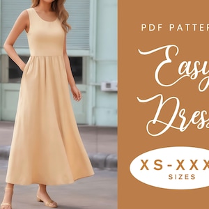 Schnittmuster für gerafftes Kittelkleid | XS-XXXL | Sofortiger Download | Einfaches digitales PDF | Ärmelloses Sommerkleid mit Taschen | Maxi-Kleiderrock